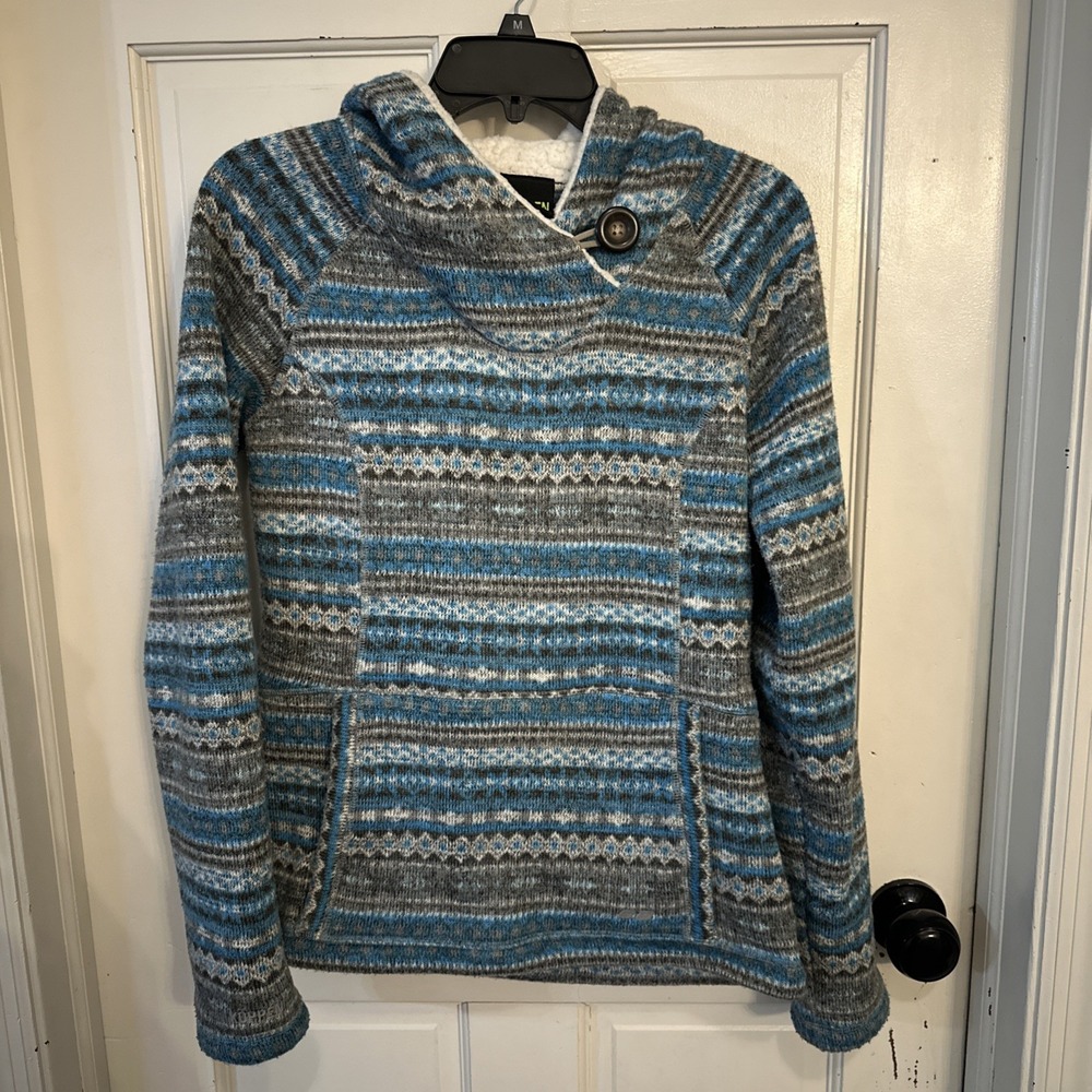 Koppen Women's Blue Nordic Print Knit Fleece Hoodie Size Medium Kangaroo Pocket